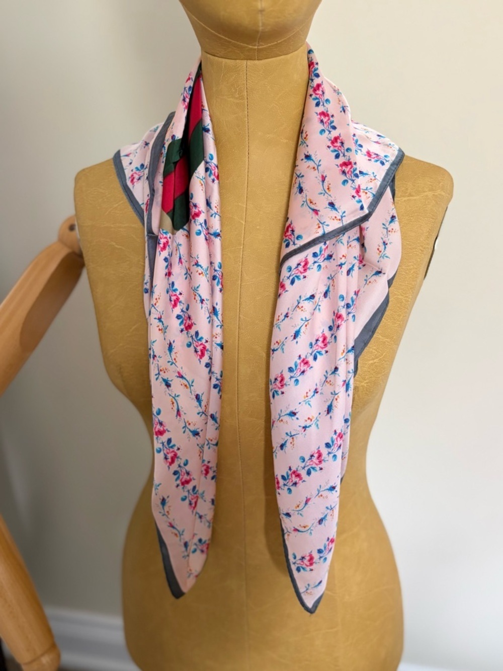 Floral Pink Silk Scarf with Green & Red Accent - Picture 4 of 8